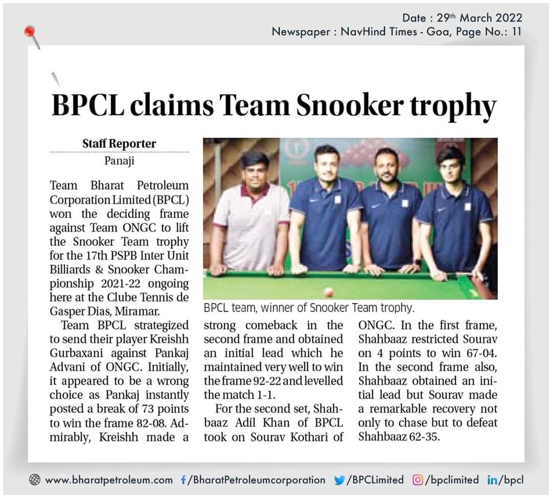 BPCL claims Team Snooker trophy at the 17th PSPB Inter Unit Championship 2021-22 
